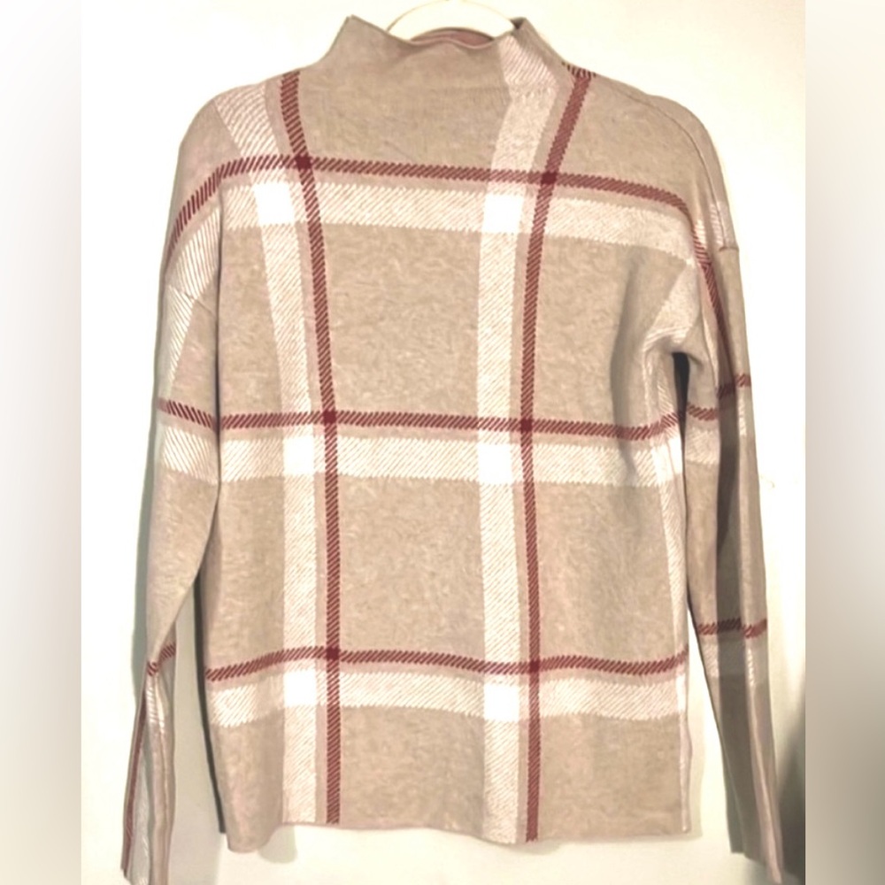 Women's Tahari Windowpane Mock Neck Long Sleeved Sweater Lux Mauve Soft Preppy